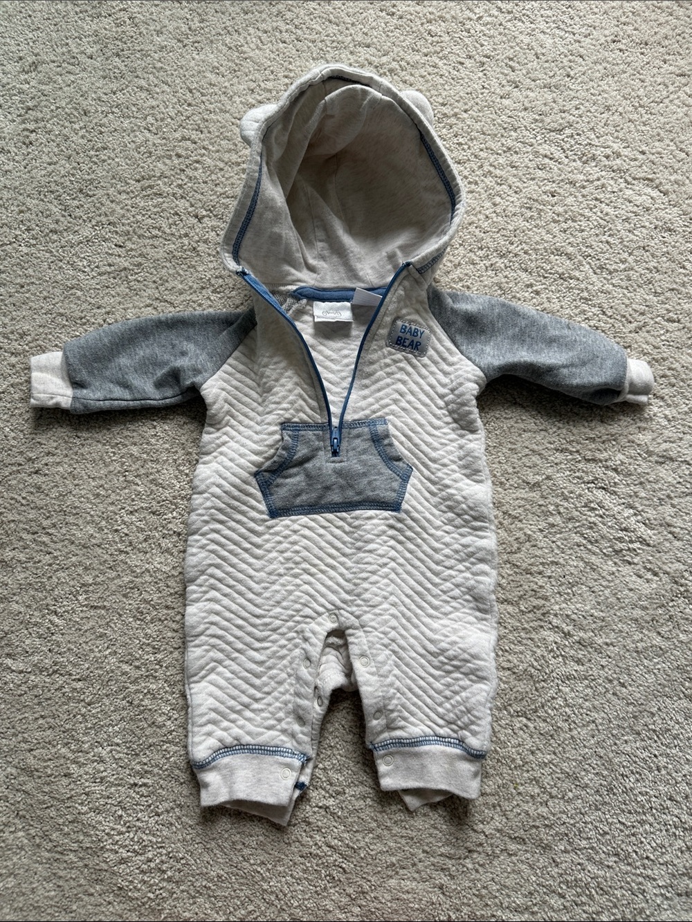 Baby Bear Quilted Hooded One-Piece in Gray and White